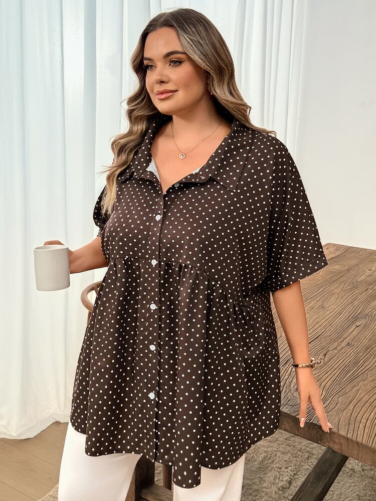 SHEIN CURVE+ Plus Size Women Polka Dot Print Short Sleeve Single-Breasted Casual 1960s Long Shirt Brunch Dinner Summer - Multicolor - View 5