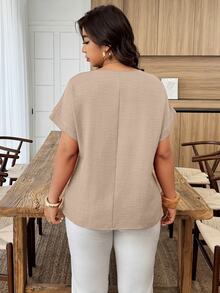 Weeklong Plus Size Women's Casual Pleated Round Neck Loose Dolman Sleeve Blouse, Suitable For Daily Wear And Vacation Chic - Apricot - View 2
