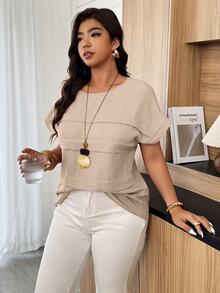 Weeklong Plus Size Women's Casual Pleated Round Neck Loose Dolman Sleeve Blouse, Suitable For Daily Wear And Vacation Chic - Apricot - View 3