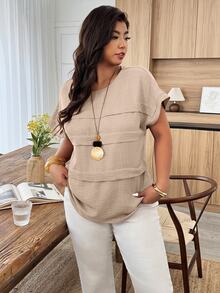 Weeklong Plus Size Women's Casual Pleated Round Neck Loose Dolman Sleeve Blouse, Suitable For Daily Wear And Vacation Chic - Apricot - View 5
