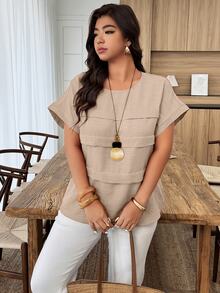 Weeklong Plus Size Women's Casual Pleated Round Neck Loose Dolman Sleeve Blouse, Suitable For Daily Wear And Vacation Chic - Apricot - View 4