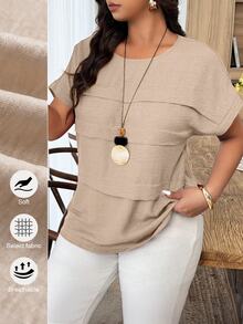 Weeklong Plus Size Women's Casual Pleated Round Neck Loose Dolman Sleeve Blouse, Suitable For Daily Wear And Vacation Chic - Apricot - View 1