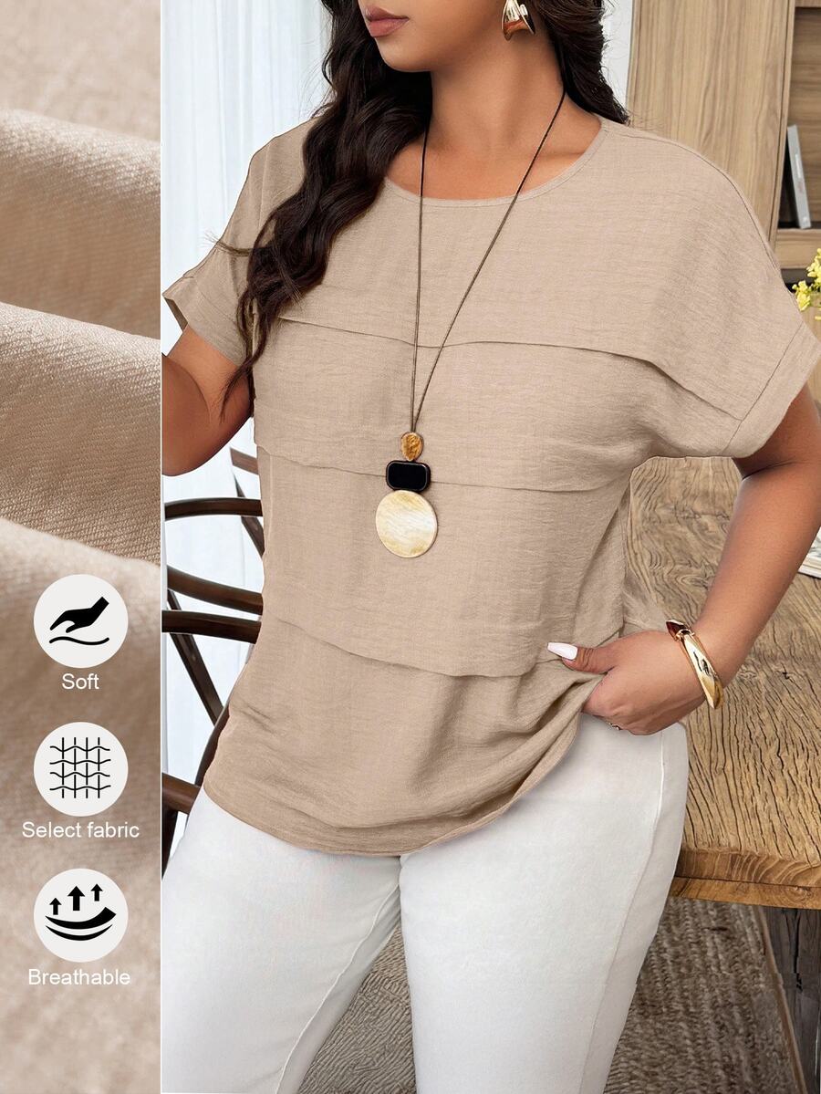 Weeklong Plus Size Women's Casual Pleated Round Neck Loose Dolman Sleeve Blouse, Suitable For Daily Wear And Vacation Chic - Apricot - View 1