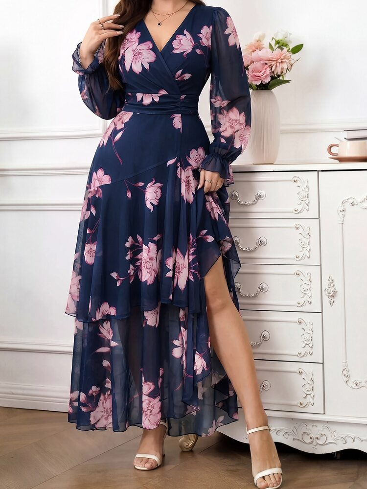 Amorya Women's Floral Print V-Neck Pleated Casual Romantic Elegant Party Bride Getting Ready Mother Of The Bride Garden Bachelorette Long Dress Wedding Navy - Multicolor - View 8