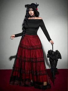 Whyspr Rok Berenda Bordir Gaya Gothic Punk Vintage untuk Cosplay Halloween, Rok Mengembang Model Kue Patchwork, Kostum Halloween Wanita Ukuran Plus, Musim Gugur - Burgundy - View 1