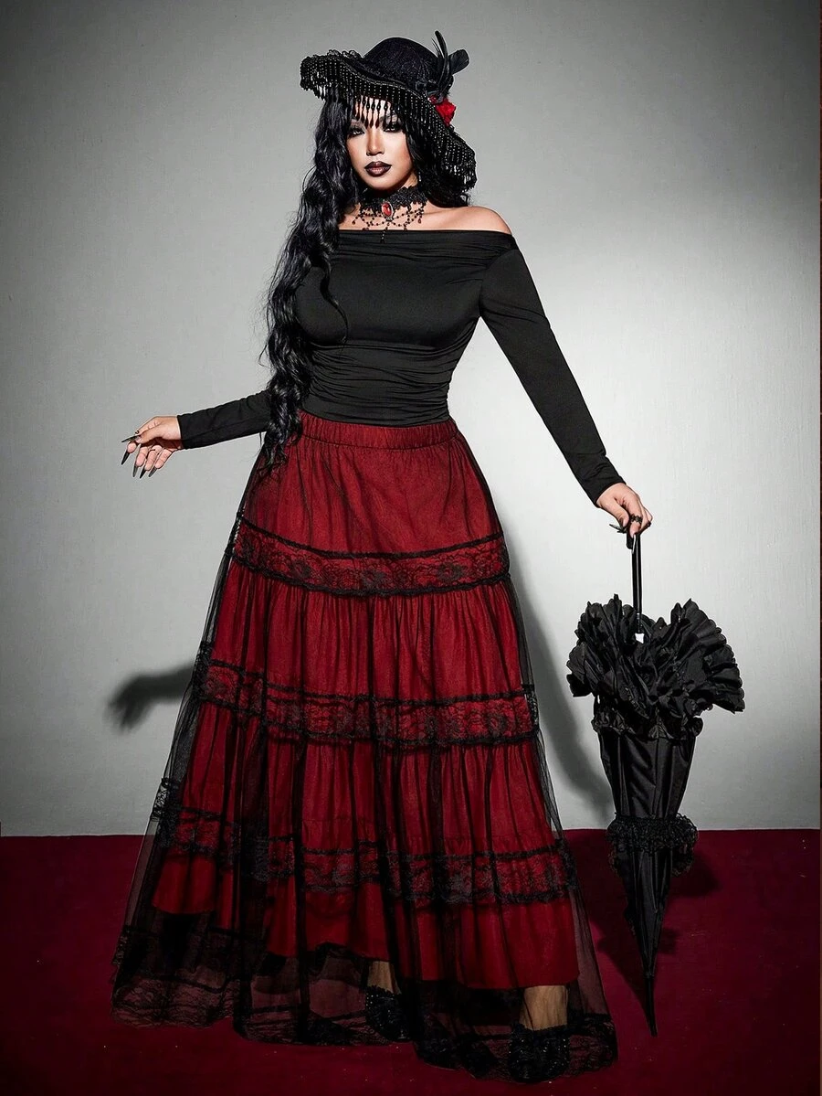 Whyspr Rok Berenda Bordir Gaya Gothic Punk Vintage untuk Cosplay Halloween, Rok Mengembang Model Kue Patchwork, Kostum Halloween Wanita Ukuran Plus, Musim Gugur - Burgundy - View 1