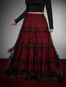 Whyspr Rok Berenda Bordir Gaya Gothic Punk Vintage untuk Cosplay Halloween, Rok Mengembang Model Kue Patchwork, Kostum Halloween Wanita Ukuran Plus, Musim Gugur - Burgundy - View 3