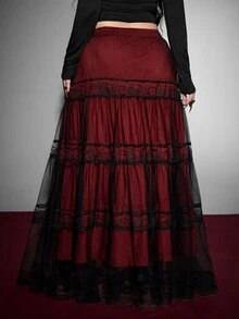 Whyspr Rok Berenda Bordir Gaya Gothic Punk Vintage untuk Cosplay Halloween, Rok Mengembang Model Kue Patchwork, Kostum Halloween Wanita Ukuran Plus, Musim Gugur - Burgundy - View 2