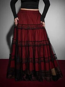 Whyspr Rok Berenda Bordir Gaya Gothic Punk Vintage untuk Cosplay Halloween, Rok Mengembang Model Kue Patchwork, Kostum Halloween Wanita Ukuran Plus, Musim Gugur - Burgundy - View 4