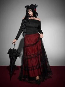 Whyspr Rok Berenda Bordir Gaya Gothic Punk Vintage untuk Cosplay Halloween, Rok Mengembang Model Kue Patchwork, Kostum Halloween Wanita Ukuran Plus, Musim Gugur - Burgundy - View 7