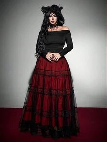 Whyspr Rok Berenda Bordir Gaya Gothic Punk Vintage untuk Cosplay Halloween, Rok Mengembang Model Kue Patchwork, Kostum Halloween Wanita Ukuran Plus, Musim Gugur - Burgundy - View 5