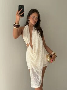 Aloruh Deep Draped Neck Textured Fabric Backless Sexy Beach Apricot Mini Dress - Apricot - View 5