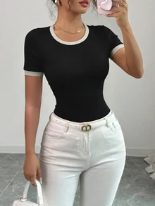 Elenzga Women's Summer Daily Commute Contrast Trim Round Neck Ribbed Short Sleeve T-Shirt - Black - View 3