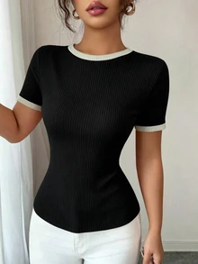 Elenzga Women's Summer Daily Commute Contrast Trim Round Neck Ribbed Short Sleeve T-Shirt - Black - View 4