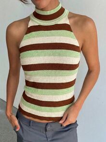 Aloruh Sleeveless Minimalist Tropical Green Striped Knit Top, Collegiate Style Vacation Summer - Multicolor - View 5