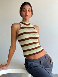 Aloruh Sleeveless Minimalist Tropical Green Striped Knit Top, Collegiate Style Vacation Summer - Multicolor - View 4