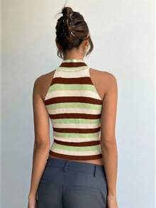 Aloruh Sleeveless Minimalist Tropical Green Striped Knit Top, Collegiate Style Vacation Summer - Multicolor - View 2