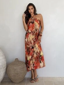 Aloruh Sexy Tropical Animal Print Backless Halter Neck Dress For Vacation, Dresses For Women Summer Beach Red Leopard Print - Multicolor - View 2