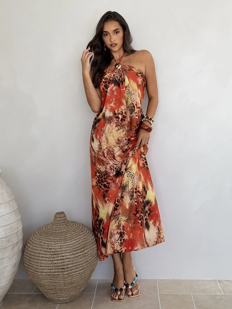 Aloruh Sexy Tropical Animal Print Backless Halter Neck Dress For Vacation, Dresses For Women Summer Beach Red Leopard Print