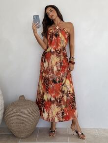 Aloruh Sexy Tropical Animal Print Backless Halter Neck Dress For Vacation, Dresses For Women Summer Beach Red Leopard Print - Multicolor - View 5