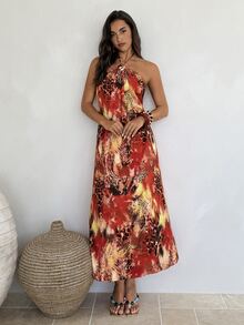 Aloruh Sexy Tropical Animal Print Backless Halter Neck Dress For Vacation, Dresses For Women Summer Beach Red Leopard Print - Multicolor - View 4