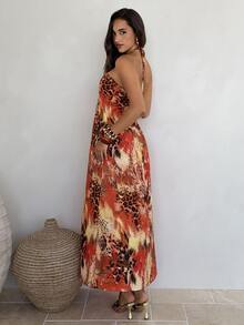 Aloruh Sexy Tropical Animal Print Backless Halter Neck Dress For Vacation, Dresses For Women Summer Beach Red Leopard Print - Multicolor - View 3