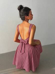 Aloruh 女士夏季休闲格子蝴蝶结装饰露背迷你连衣裙 - 彩色 - 查看 6