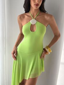Aloruh Women's Sexy Tropical Backless Halter Asymmetric Hem Dress, Summer Beach Vacation Lime Green - Green - View 4