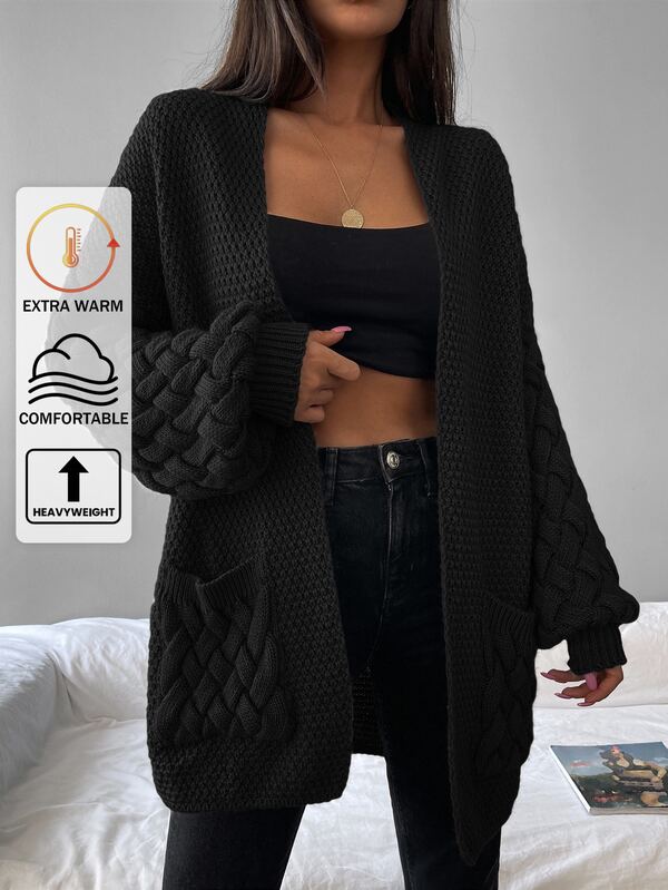 SHEIN Women's Dropped Shoulder Long Sleeve Loose Casual Knit Cardigan Travel Vacation Black Winter