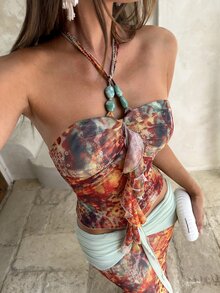 Aloruh Women's Summer Vacation Ruffled Halter Top And Mini Skirt Set - Multicolor - View 4