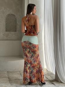 Aloruh Women's Summer Vacation Ruffled Halter Top And Mini Skirt Set - Multicolor - View 2