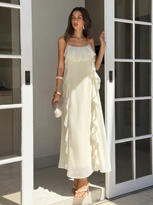 Aloruh Women's Elegant Multi-Layer Ruffle Hem Chiffon Off-White Summer Dress,Tropical Vacation Holiday Beach Outfits,Backless Wedding Guest Boho Prom Gown - Apricot - View 3