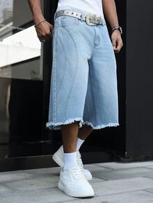 Manfinity Roghcode Men's American High Street Vintage Washed Wave Design Frayed Hem Denim Bermuda Shorts - Light Wash - View 5