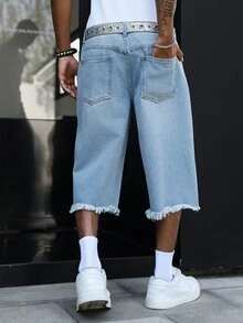 Manfinity Roghcode Men's American High Street Vintage Washed Wave Design Frayed Hem Denim Bermuda Shorts - Light Wash - View 2