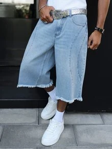 Manfinity Roghcode Men's American High Street Vintage Washed Wave Design Frayed Hem Denim Bermuda Shorts - Light Wash - View 3