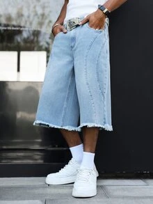 Manfinity Roghcode Men's American High Street Vintage Washed Wave Design Frayed Hem Denim Bermuda Shorts - Light Wash - View 6