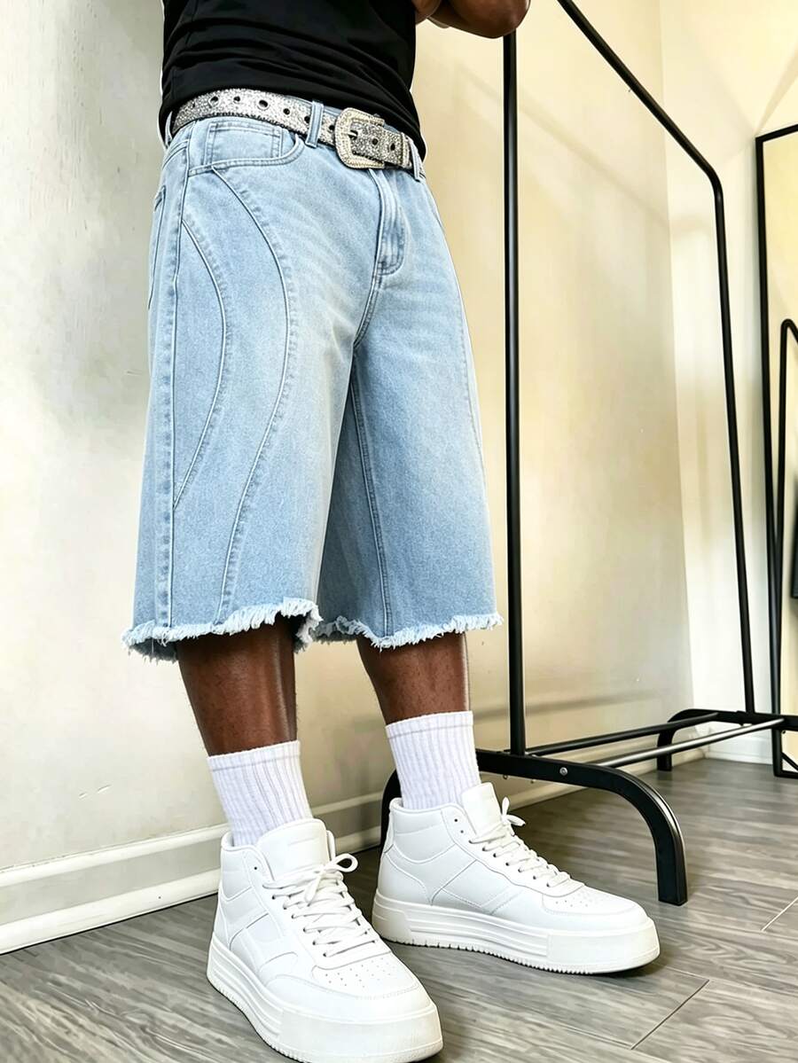 Manfinity Roghcode Men's American High Street Vintage Washed Wave Design Frayed Hem Denim Bermuda Shorts - Light Wash - View 1