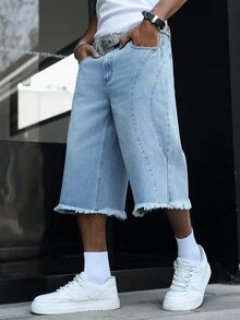 Manfinity Roghcode Men's American High Street Vintage Washed Wave Design Frayed Hem Denim Bermuda Shorts - Light Wash - View 4