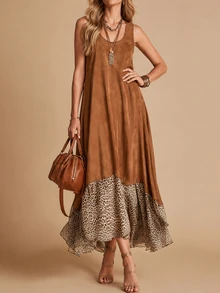 Linhara CURVE Plus Size Women Spring/Summer Sleeveless Fashion: Casual Boho, Minimalist And Versatile Vintage Brown Patchwork Leopard Print Random Pattern Dress - Multicolor - View 5