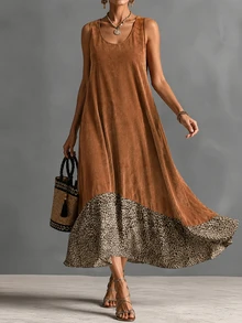 Linhara CURVE Plus Size Women Spring/Summer Sleeveless Fashion: Casual Boho, Minimalist And Versatile Vintage Brown Patchwork Leopard Print Random Pattern Dress - Multicolor - View 3