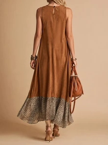 Linhara CURVE Plus Size Women Spring/Summer Sleeveless Fashion: Casual Boho, Minimalist And Versatile Vintage Brown Patchwork Leopard Print Random Pattern Dress - Multicolor - View 2