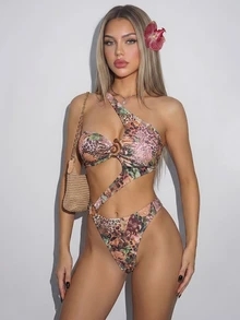 SHEIN ICON 女士性感豹纹镂空连体泳衣，适合度假穿着 - 彩色 - 查看 1