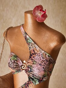 SHEIN ICON 女士性感豹纹镂空连体泳衣，适合度假穿着 - 彩色 - 查看 3