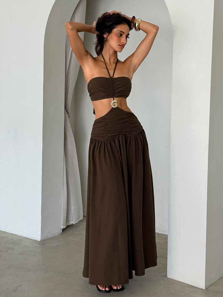 Aloruh Women's Dark Brown Summer Extra Long Dress, Spaghetti Strap A-Line Elegant Sexy Casual Holiday Vacation Outfits, Decorative Button Beaded Beach Club