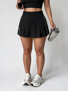 SHEIN Velisys 大尺碼純色運動風牛仔女孩可愛文藝復興裙褲，附手機口袋，適合高爾夫、健身房、網球，黑白配色夏季款 - 黑色 - 查看 3