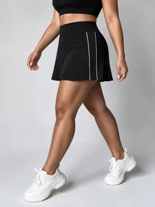 SHEIN Velisys 大尺碼純色運動風牛仔女孩可愛文藝復興裙褲，附手機口袋，適合高爾夫、健身房、網球，黑白配色夏季款 - 黑色 - 查看 2