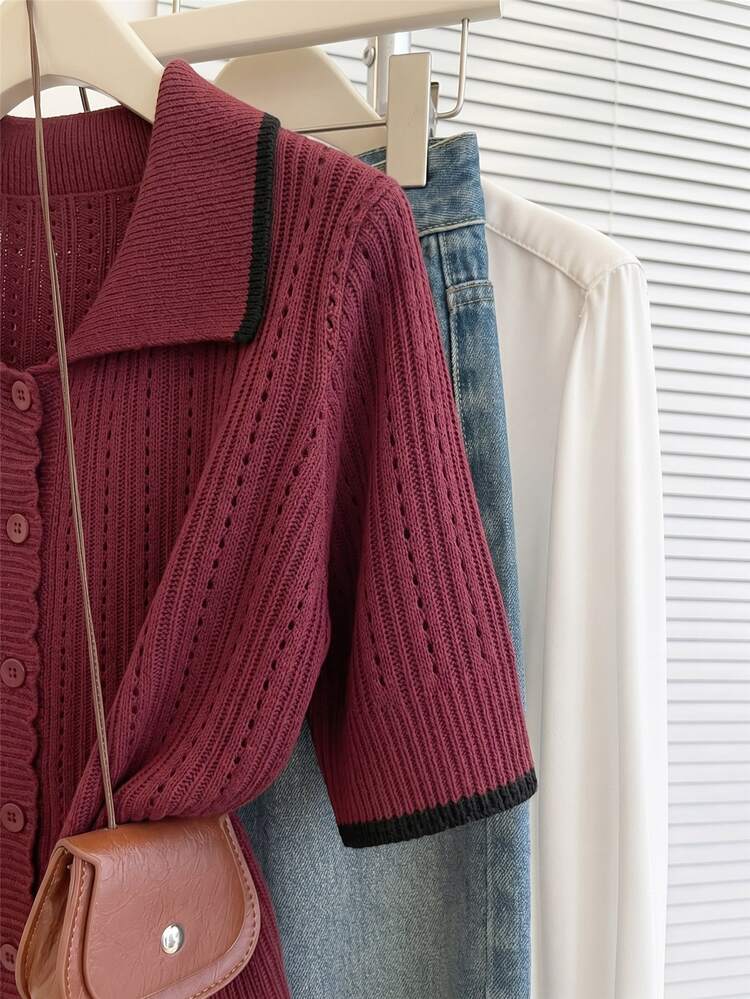 Franclia Casual Loose POLO Collar Short Sleeve Knit Hollow Out Contrast Trim Design Apricot Women's Spring Summer Cardigan - Burgundy - View 5