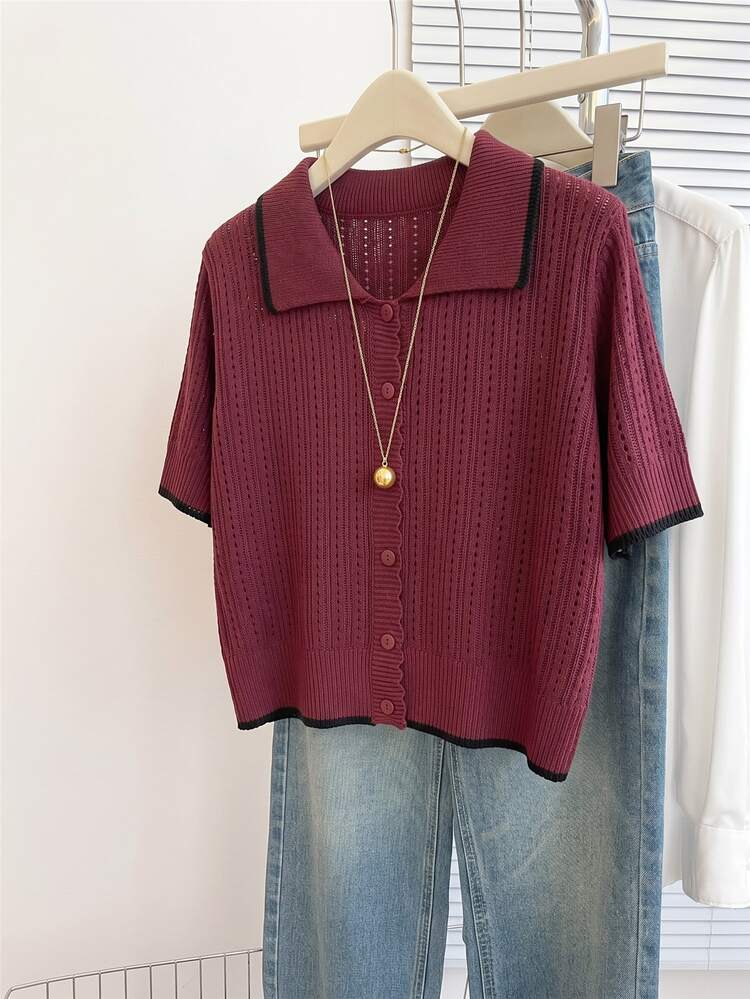 Franclia Casual Loose POLO Collar Short Sleeve Knit Hollow Out Contrast Trim Design Apricot Women's Spring Summer Cardigan - Burgundy - View 3