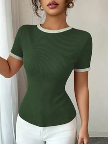 Elenzga Women's Round Neck Short Sleeve Slim Fit Casual T-Shirt - Dark Green - View 5