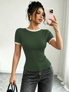 Elenzga Women's Round Neck Short Sleeve Slim Fit Casual T-Shirt - Dark Green - View 2